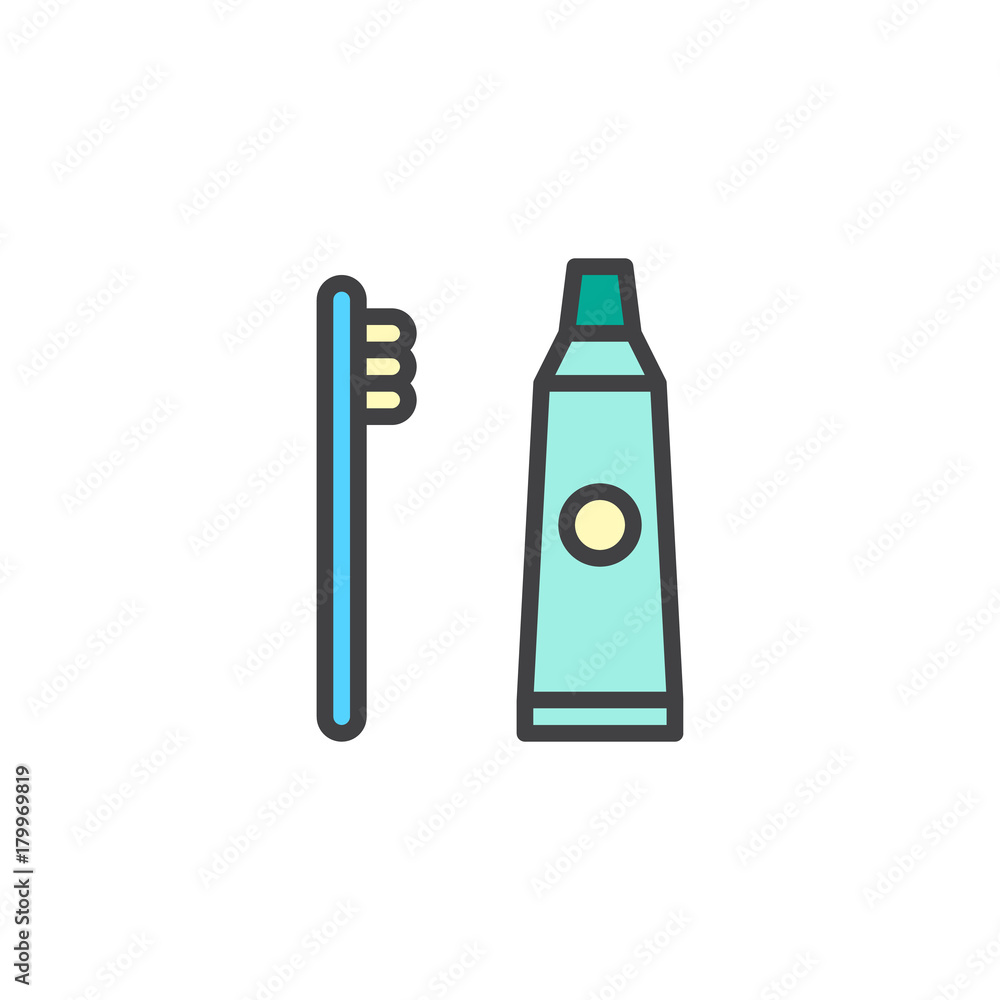 Toothbrush and toothpaste filled outline icon, line vector sign, linear colorful pictogram isolated on white. Symbol, logo illustration. Pixel perfect vector graphics Toothbrush and toothpaste filled outline icon, line vector sign, linear colorful pictogram isolated on white. Symbol, logo illustration. Pixel perfect vector graphics