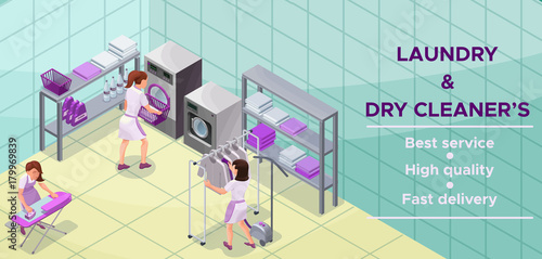 Dry cleaners or laundry service banner, isometric 3d illustration with washing and ironing machines, laundress, vector interior of clothes cleaning shop