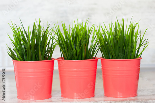 Closeup view of artificial grass in pink pot. Home green decoration. Minimalism in home interior