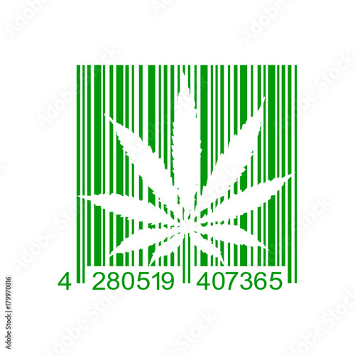 Icono plano codigo de barras marihuana verde en fondo blanco