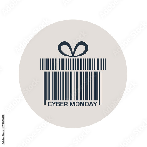 Icono plano codigo de barras regalo CYBER MONDAY en circulo gris