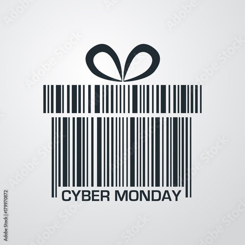 Icono plano codigo de barras regalo CYBER MONDAY en fondo degradado
