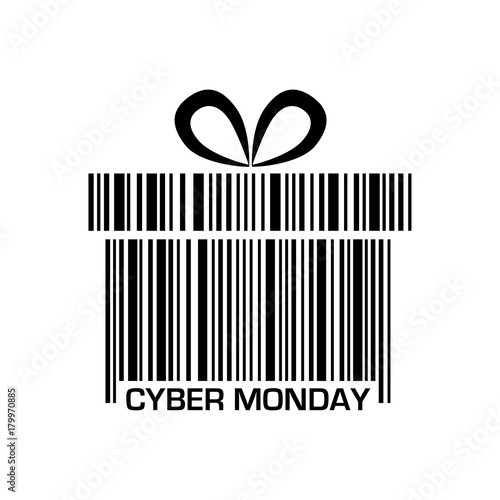 Icono plano codigo de barras regalo CYBER MONDAY negro en fondo blanco