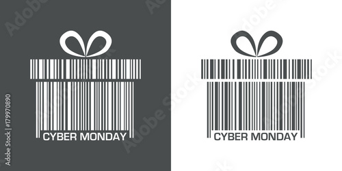 Icono plano codigo de barras regalo CYBER MONDAY gris y blanco