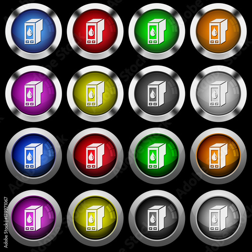 Ink cartridge white icons in round glossy buttons on black background