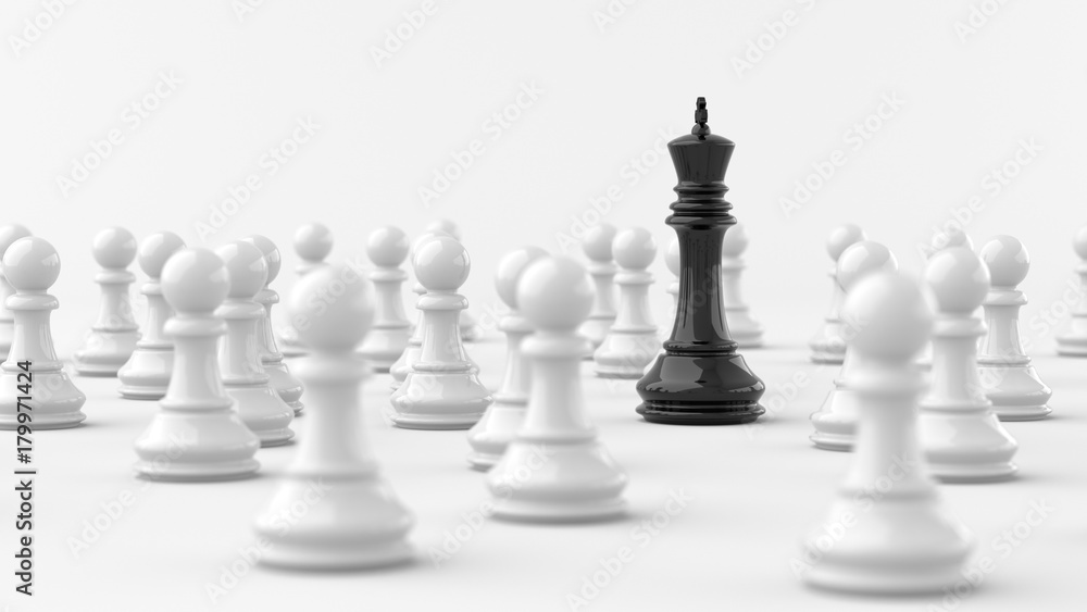 Leadership concept, black king of chess among white pawns. 3D Rendering. Leadership concept, black king of chess among white pawns. 3D Rendering.