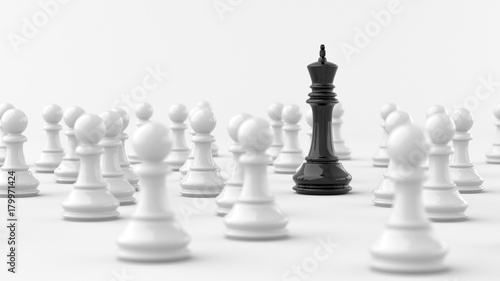 Leadership concept, black king of chess among white pawns. 3D Rendering.