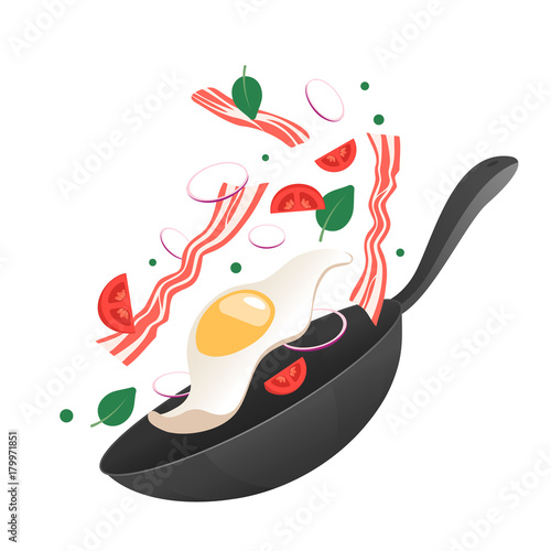 Cooking process vector illustration. Flipping fry egg in a pan. Cartoon flat style