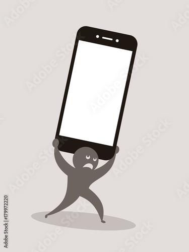 Problems, trouble, dangers and difficulties connected with usage of phones and smartphones - negative impact and side effect like phubbing, overuse. Vector illustration of user and heavy device