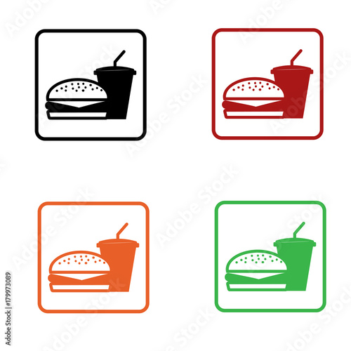flat hamburger and drink icon editable in black orange red and green colors isolated for web and applications
