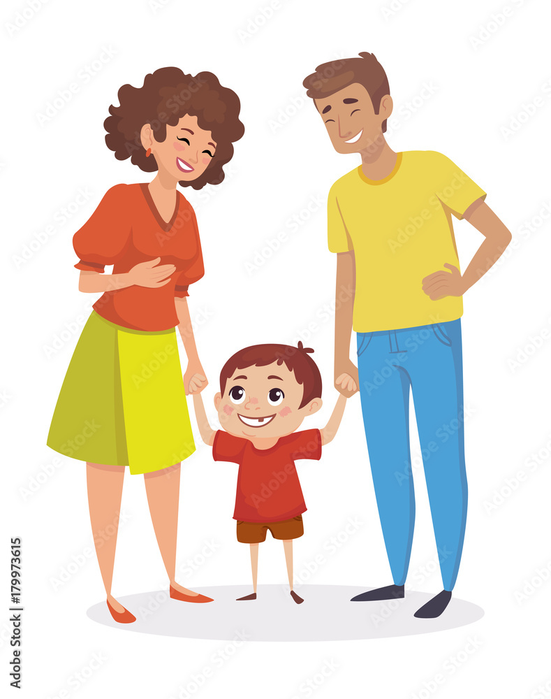 Happy family. Little boy holding hands with parents. People are laughing. Vector illustration.