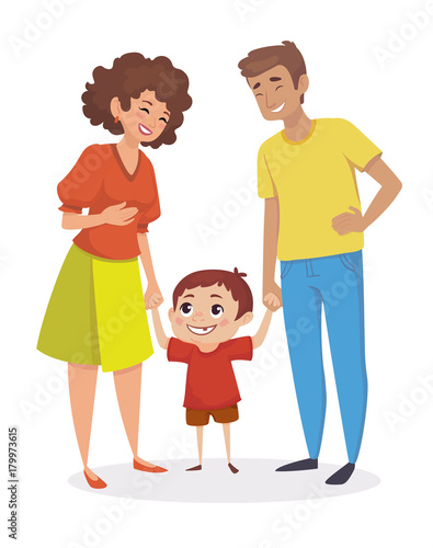 Happy family. Little boy holding hands with parents. People are laughing. Vector illustration.