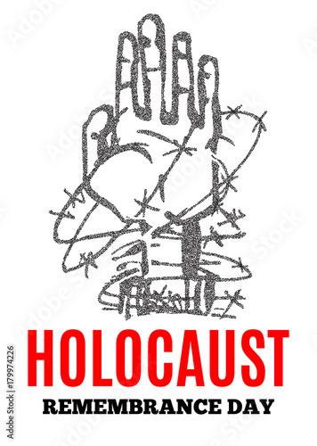 We Will Never Forget. Holocaust Remembrance Day. Yellow Star David. International Day of Fascist Concentration Camps and Ghetto Prisoners Liberation card whit hand and barbed wire Vector illustration.