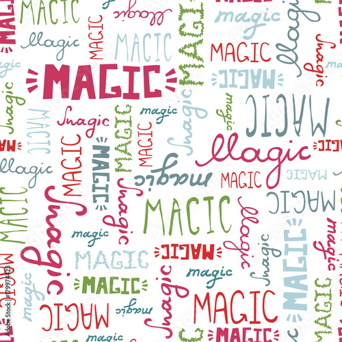 Seamless pattern doodle MAGIC words on white background