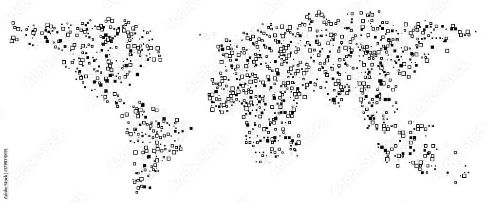 World map technology-style. Abstract  World Map with square shapes for infographic.Travel Vector Illustration on white background.
