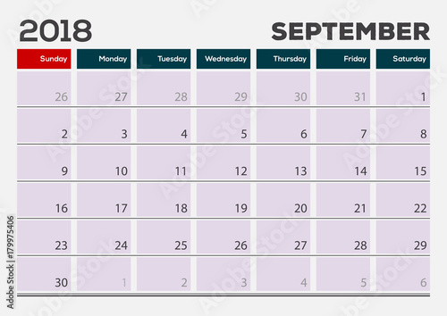 Monthly Desk Pad Calendar template, September 2018. Vector illustration