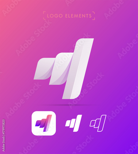 Vector abstract origami music wave logo template, ribbon app icon. Business growth graph. Material design, flat and line-art style