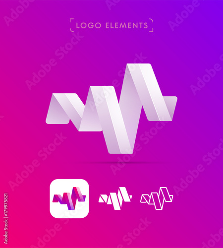 Vector abstract origami music wave logo template, ribbon app icon. Material design, flat and line-art style