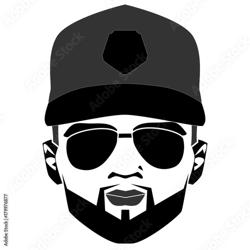 Cap football fan. Single icon in black style vector symbol. Elegant bearded man face in sunglasses. Vector hipster character. Fashion silhouette, avatar, emblem, logo for design. Vector illustration.