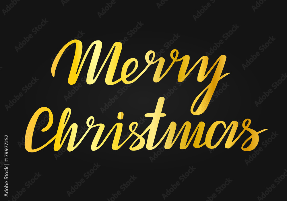 Gold Merry Christmas Vector Lettering. Greeting Card on black background. Vector illustration