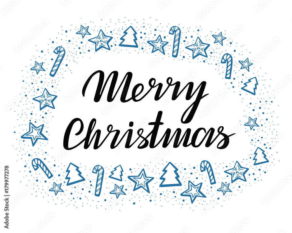 Merry Christmas Vector Lettering and hand-drawn xmas graphic. Greeting Card. Vector illustration