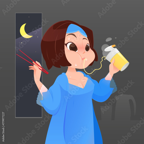 Illustration woman in blue nightgown eating instant noodle in kitchen with window at night, Cartoon vector