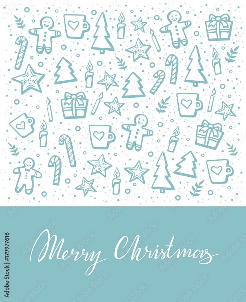 Merry Christmas Vector Lettering and hand-drawn xmas graphic. Greeting Card on white color background. Vector illustration