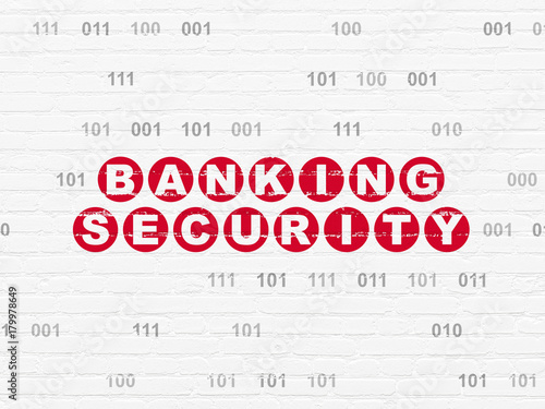 Safety concept  Painted red text Banking Security on White Brick wall background with Binary Code