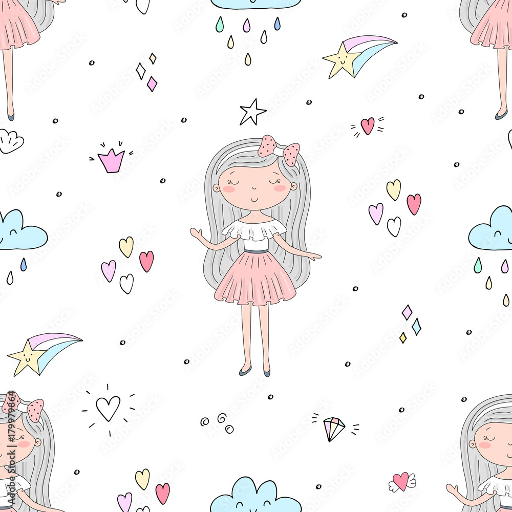 Cute hand drawn with cute little girl vector seamless pattern illustration Cute hand drawn with cute little girl vector seamless pattern illustration