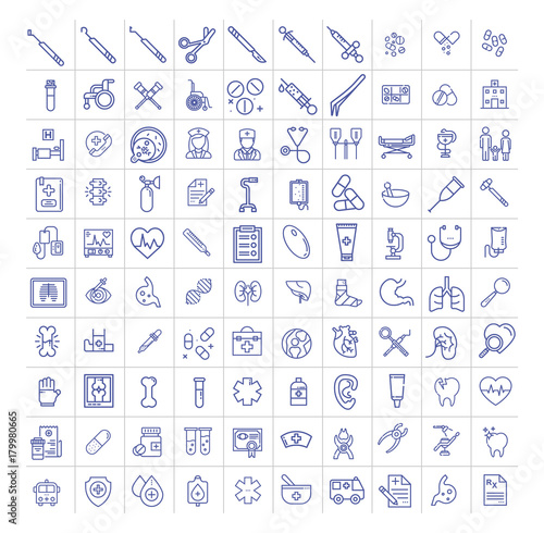 Medical items, organs, accessories isolated flat vector icons set 