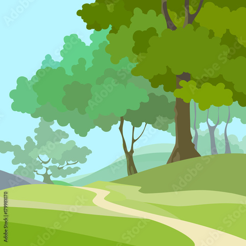 cartoon summer background with green trees and path