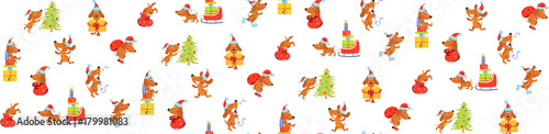 Seamless pattern with carton dog in Christmas hat