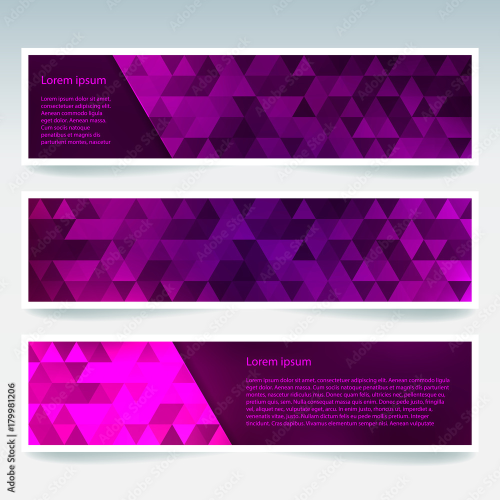 Abstract banner with business design templates. Set of Banners with polygonal mosaic backgrounds. Geometric triangular vector illustration. Pink, purple colors. Abstract banner with business design templates. Set of Banners with polygonal mosaic backgrounds. Geometric triangular vector illustration. Pink, purple colors.