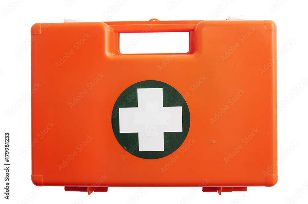 Fototapeta premium Plastic first-aid kit orange suite isolated on white