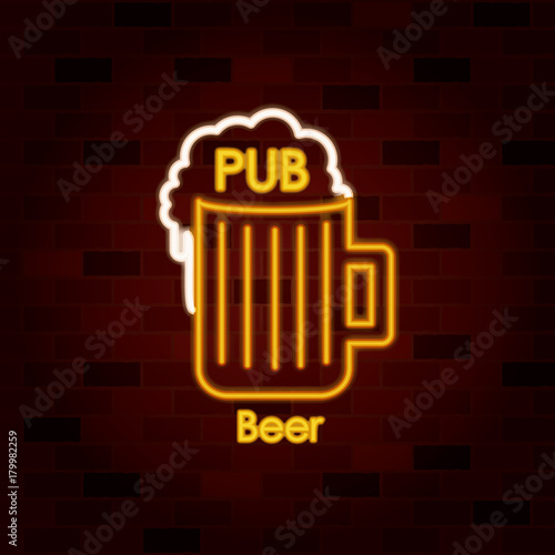 pub beer on neon sign on brick wall