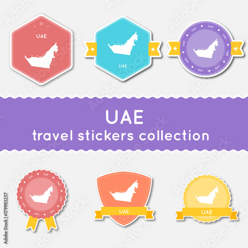 United Arab Emirates travel stickers collection. Big set of stickers with country map and name. Flat material style badges vector illustration.
