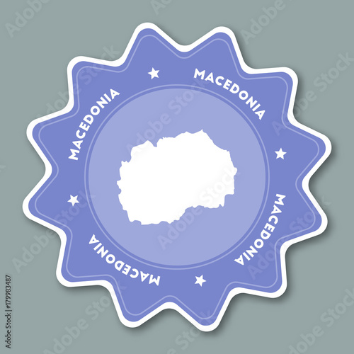 Macedonia, the Former Yugoslav Republic of map sticker in trendy colors. Star-shaped travel sticker with country name and map. Can be used as logo, badge, label, tag, sign, stamp or emblem.