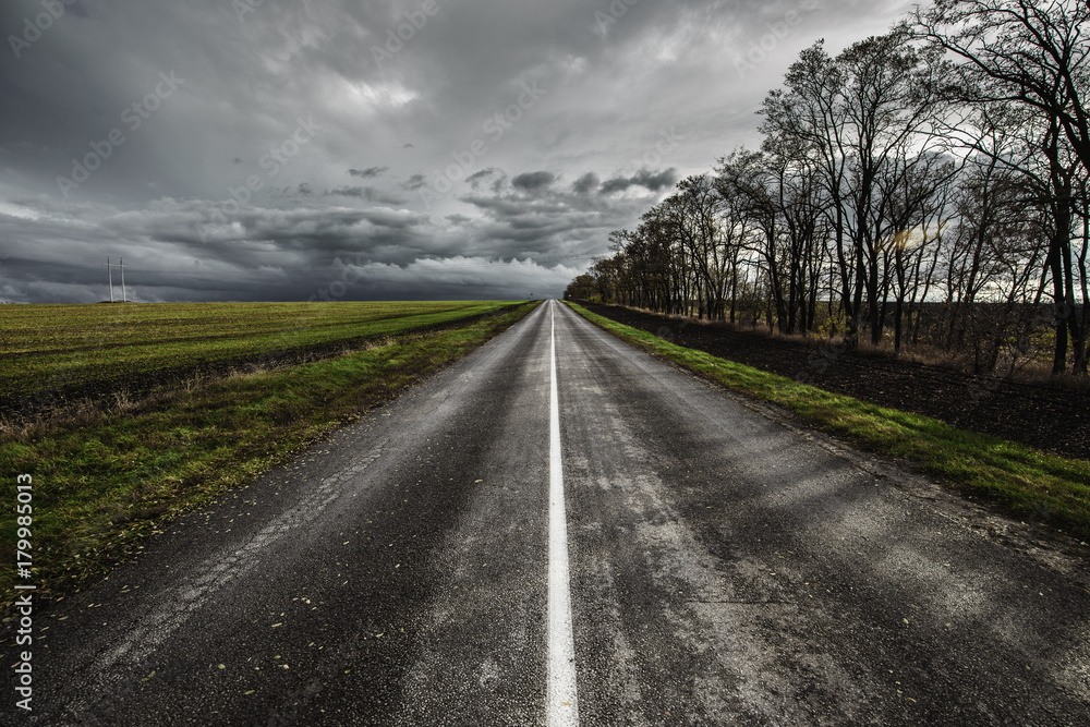 Straight road going through farmland in autumn day.
