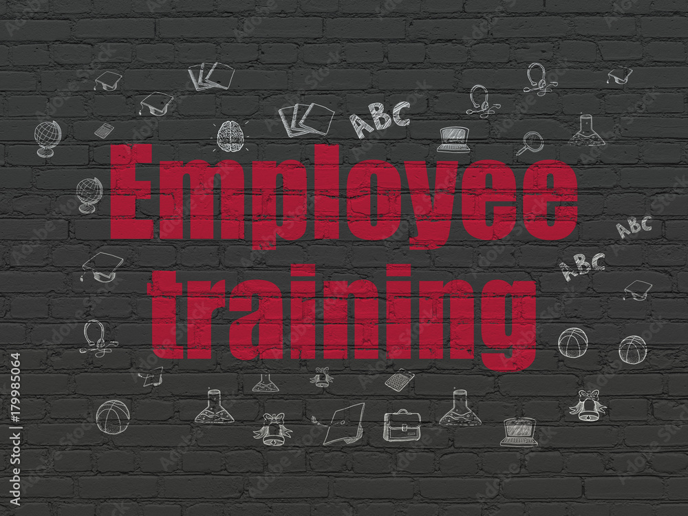 Studying concept: Painted red text Employee Training on Black Brick wall background with Hand Drawn Education Icons Studying concept: Painted red text Employee Training on Black Brick wall background with Hand Drawn Education Icons