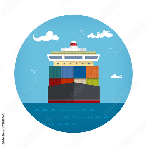 Front View of the Cargo Container Ship , Industrial Marine Vessel with Containers on Board, International Freight Transportation Icon, Vector Illustration