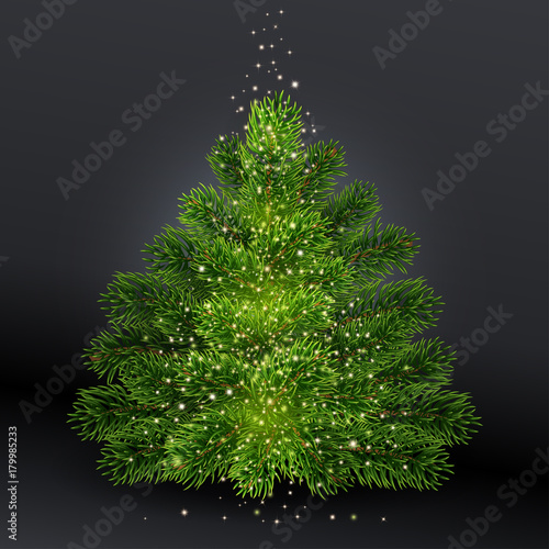 Christmas tree without toys. Realistic illustration on black background. Falls Golden glowing dust. Shining spark and create the impression of magic. EPS10