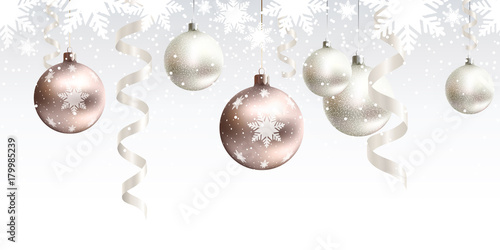 Festive Christmas decoration for website, social networks, blog or your video channel. Seamless horizontal pattern. The endless tape. Vector. EPS10. White and rose gold christmas balls and serpentine.