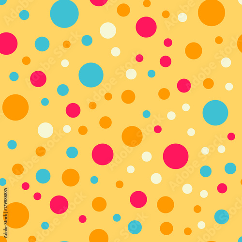 Colorful polka dots seamless pattern on bright 18 background. Magnetic classic colorful polka dots textile pattern. Seamless scattered confetti fall chaotic decor. Abstract vector illustration.