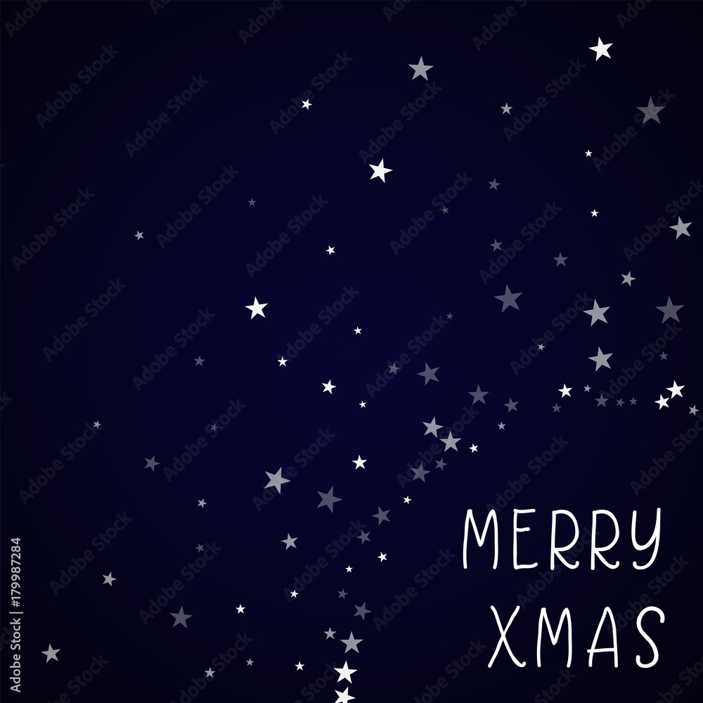 Merry Xmas greeting card. Random falling stars background. Random falling stars on deep blue background. Amazing vector illustration.