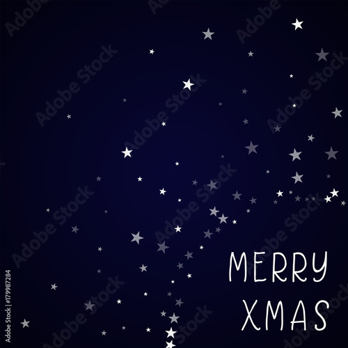 Merry Xmas greeting card. Random falling stars background. Random falling stars on deep blue background. Amazing vector illustration.