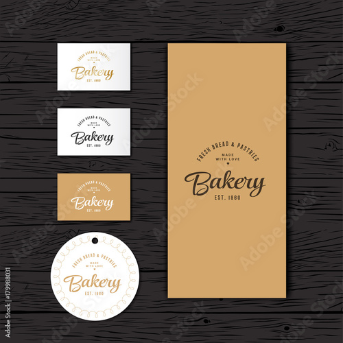 Bakery logo. The bakery identity. A package, a price tag and a business card of the bakery.