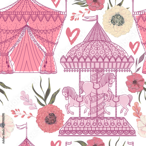 Seamless pattern with carousel, tent, hearts and floral elements on white background. Funfair theme. Vintage vector illustration in watercolor style.