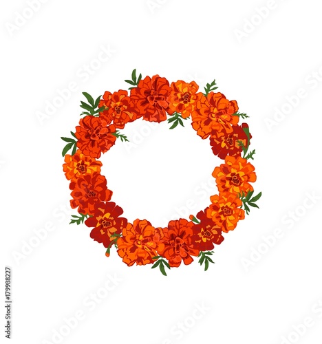 Floral wreath with red and orange marigold flowers isolated on white background