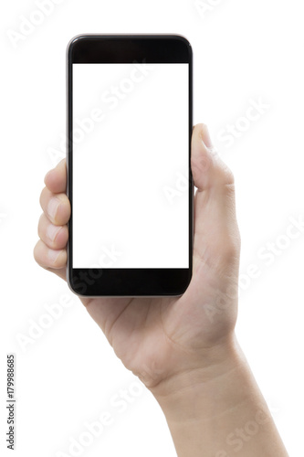 Businessman hand holding smart phone with path