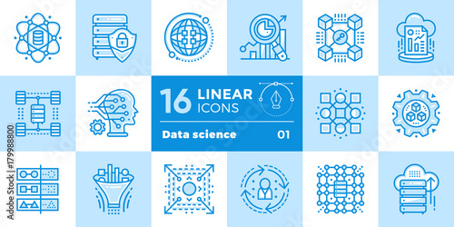 Linear icon set of Data science technology and machine learning process. Material design icon suitable for print, website and presentation